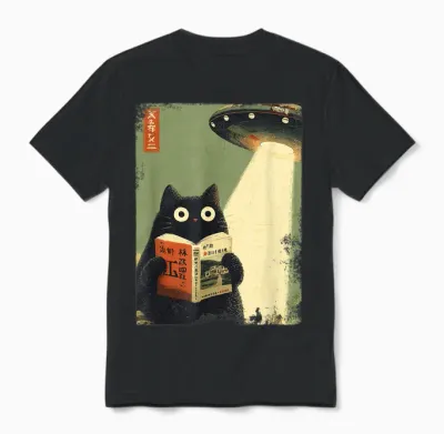 Vintage Japanese Cat Book for Ufo Lovers Alien Abduction Unisex T-Shirt - Black