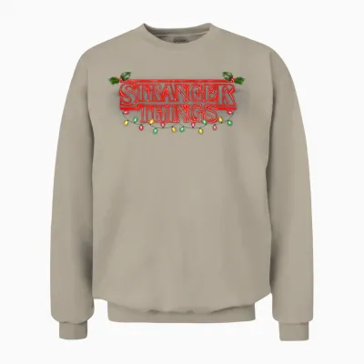 Stranger Things Christmas Neon Lights Iconic Big Text Logo Unisex Sweatshirt - Sand