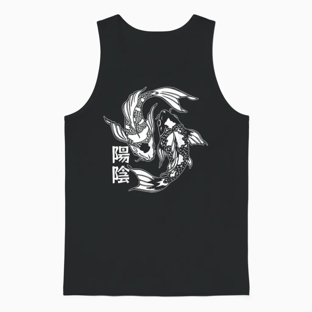 Koi Carp Fish Japan Kanji Japanese Retro Aesthetic Asian Art Unisex Tank Top in Black