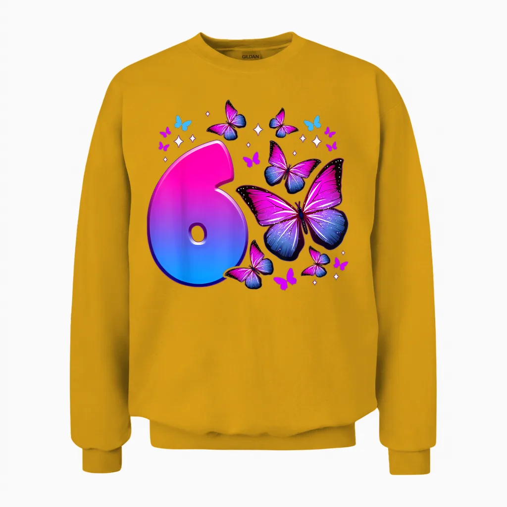 Geburtstag Mädchen 6 Jahre Alt, Schmetterling, Nummer 6 Unisex Sweatshirt in Gold