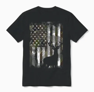 Camo Us Flag Deer Elk Buck Camoflage Hunting Hunter Dad Gift Short Sleeve Unisex T-Shirt - Black