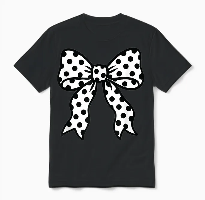 Coquette Polka Dot Bow Black and White Aesthetic Unisex T-Shirt in Black