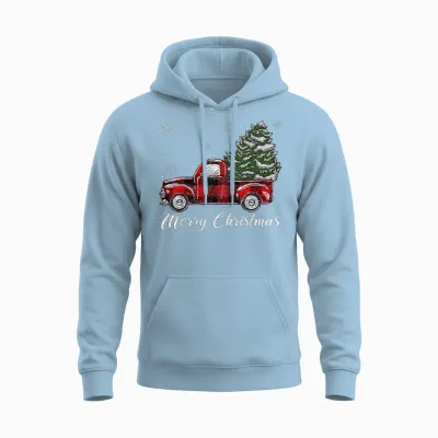 Christmas Tree Red Truck Pajama, Vintage Buffalo Plaid Truck Unisex Hoodie - Light Blue