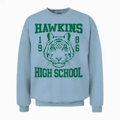 Stranger Things 4 Hawkins High School Green Logo Unisex Sweatshirt - Light Blue