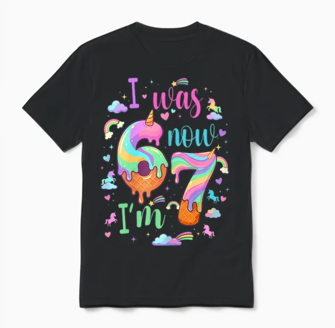 I Was 6 Now I'm 7 Meme Unicorn Ice Cream Cone 7th Birthday Unisex T-Shirt in Black