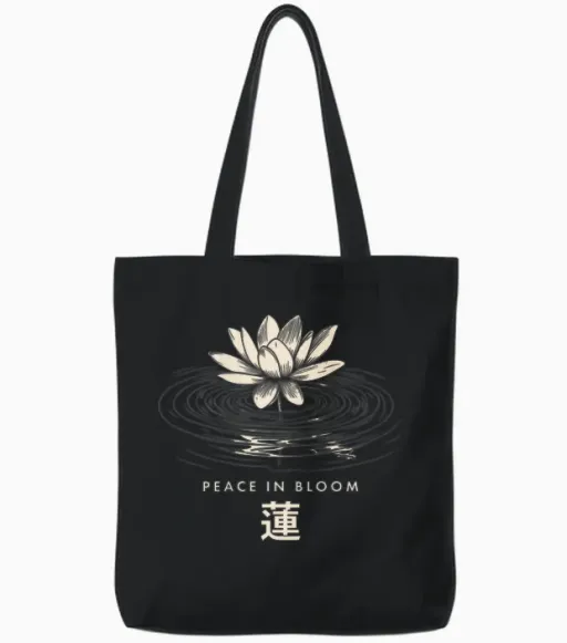 Japanese Lotus Flower Kanji Nature Lovers (artistic Back) Tote Bags - Black