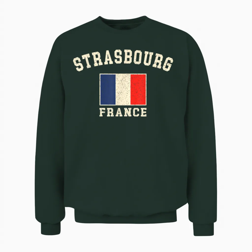 Vintage Straßburg Frankreich Französische Flagge Souvenir Retro Grafik Unisex Sweatshirt in Forest