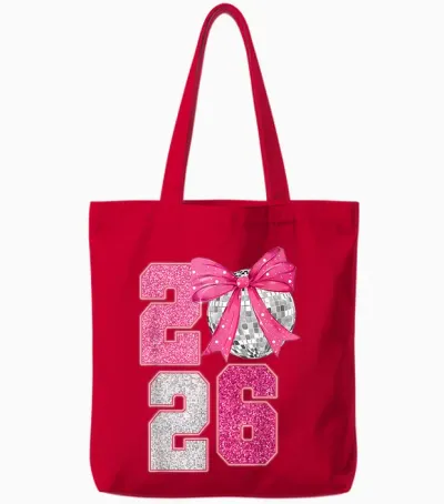 Happy New Year 2026 Disco Ball Pink Coquette Bow Family Tote Bags - Red
