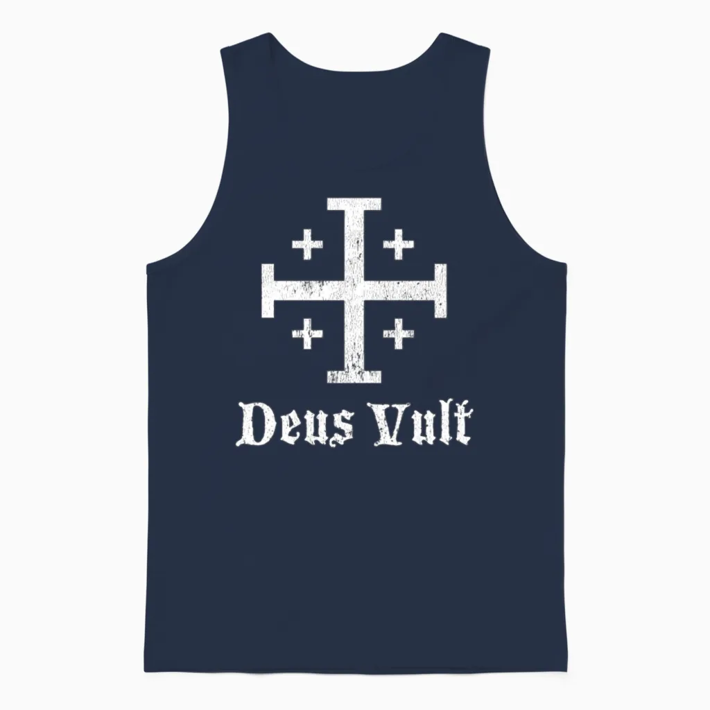 Deus Vult Crusader Shield Cross Unisex Tank Top in Navy