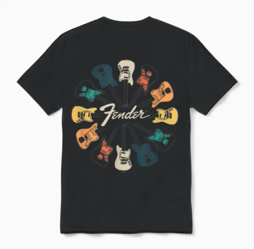 Fender Retro Guitar Kaleidoscope T-Shirt Small Unisex T-Shirt in Black
