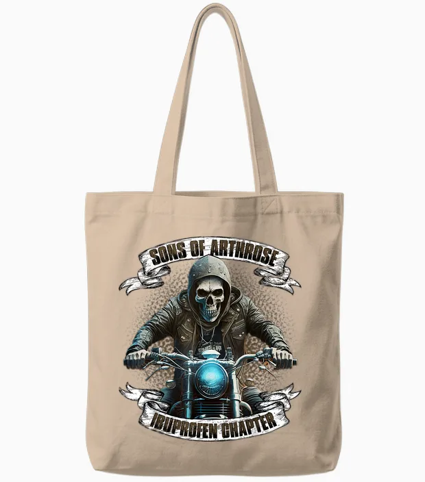 Sons of Arthrosis Ibuprofen Chapter Biker Motorcyclist T-Shirt, Black Tote Bags in Natural