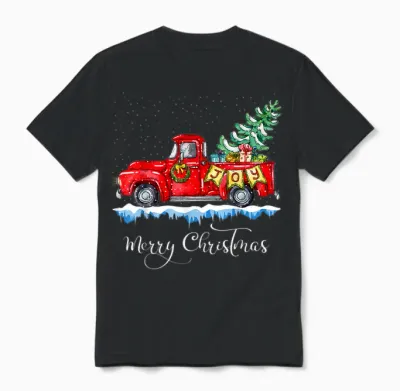 Vintage Merry Christmas Red Truck Old Fashioned Christmas Unisex T-Shirt - Black