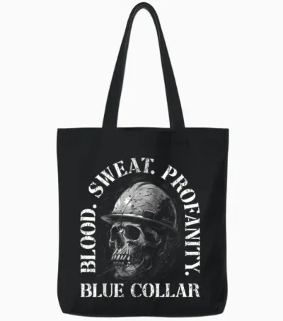Blood Sweat Profanity Construction Worker Skull Blue Collar Tote Bags - Black