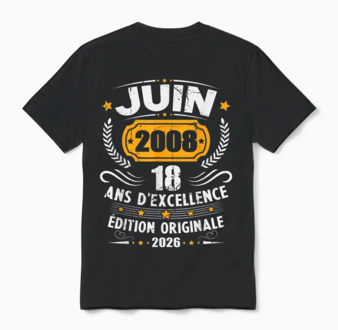 Vintage Cadeau D'anniversaire 18 Ans Née En Juin 2008 Unisex T-Shirt in Black