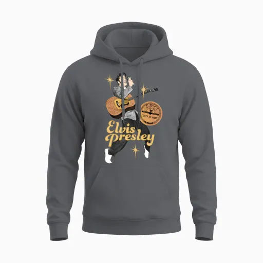 Elvis Presley with Guitar and Microphone Unisex Hoodie in Charcoal