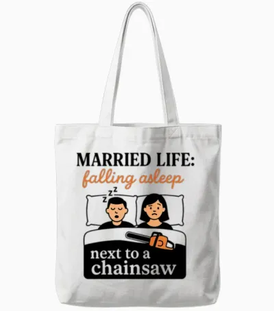 Married Life: Falling Asleep Next to a Chainsaw Tote Bags - White