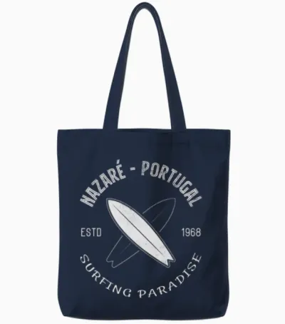 Nazare Surf Surfing Portugal Surfer Praia Do Norte Tote Bags - Navy