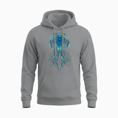 Octopus Animal Lovers Motif Music Headphones Illustration Squid Unisex Hoodie - Sport Grey