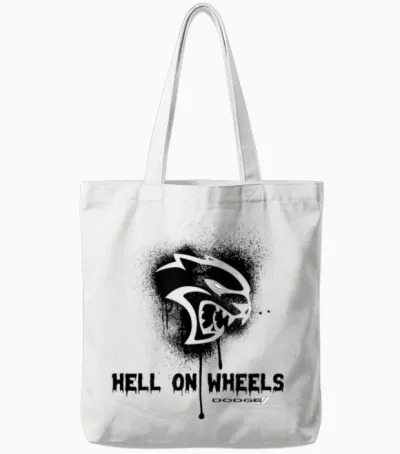 Dodge Hellcat T-Shirt with German Text "die Hölle Auf Räder, Gray Tote Bags - White