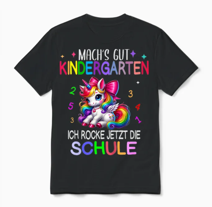 Kinder Ich Rocke Jetzt Die Schule Kita Abgänger Schulanfang Einhorn Unisex T-Shirt in Black