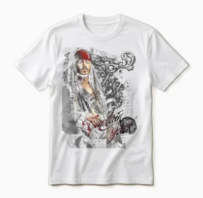Disney Pirates of the Caribbean Captain Jack Ornate Poster T-Shirt, Black Unisex T-Shirt - White