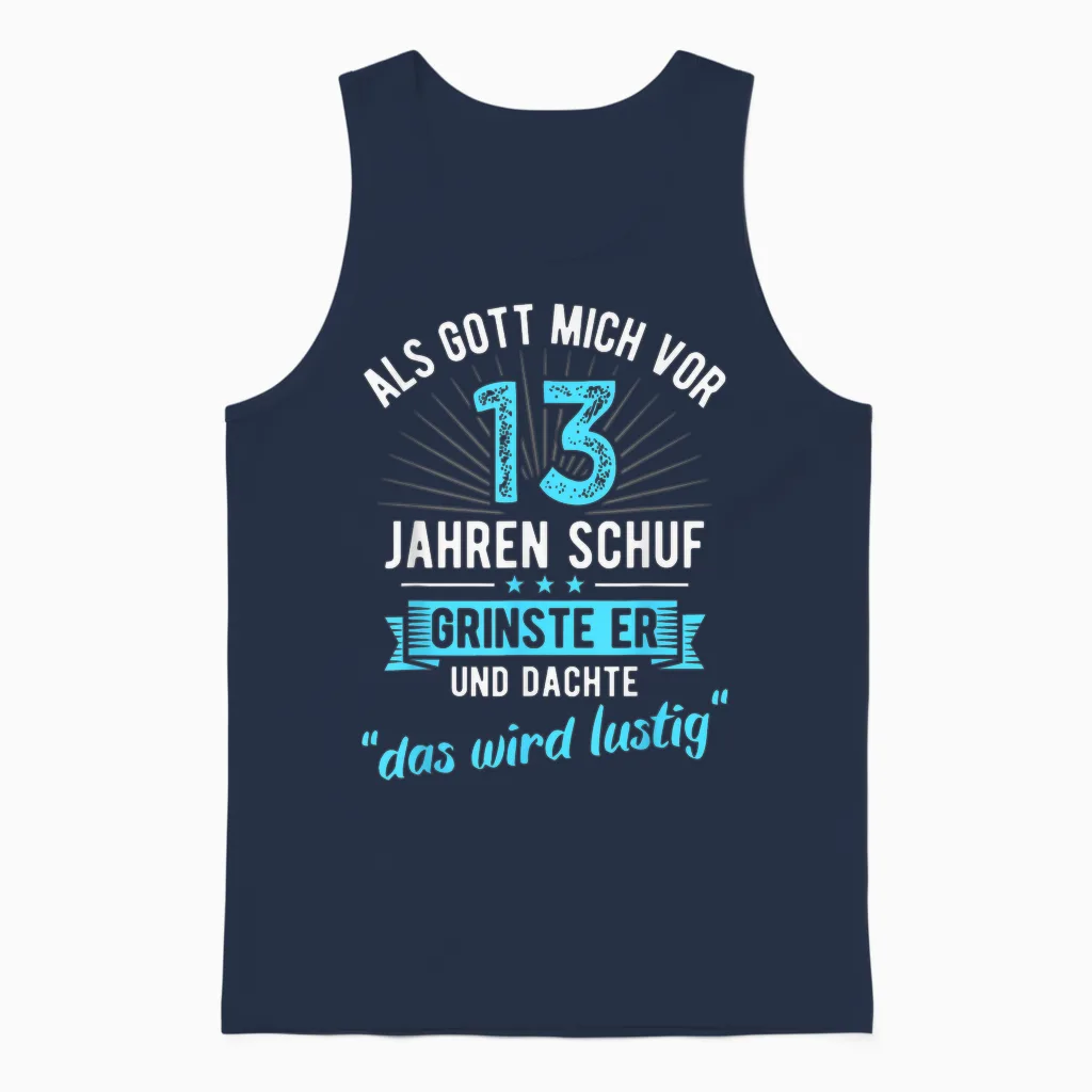 13th Birthday as God Created Me 13 Years Ago T-Shirt, Black Unisex Tank Top in Navy