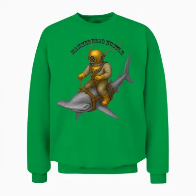 Vintage Helmet Diver Riding a Hammerhead Shark Urm Unisex Sweatshirt - Irish Green