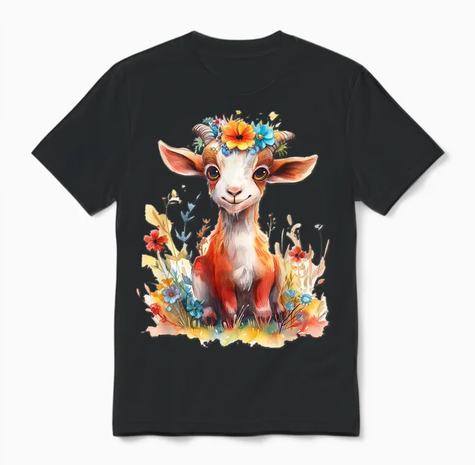 Baby Ziege Mit Blumen Süße Ziegen Mädchen Tochter Unisex T-Shirt in Black