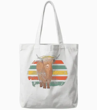 Highland Cow Retro Tote Bags - White