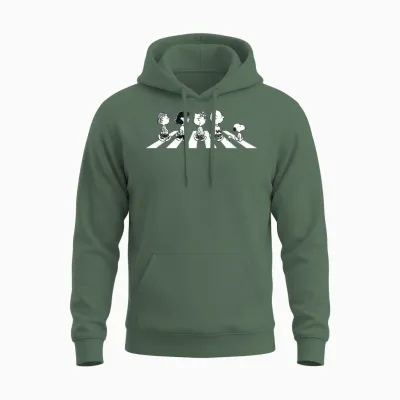Peanuts Snoopy Charlie Woodstock Beatles Walking Fun Classic Unisex Hoodie - Military Green