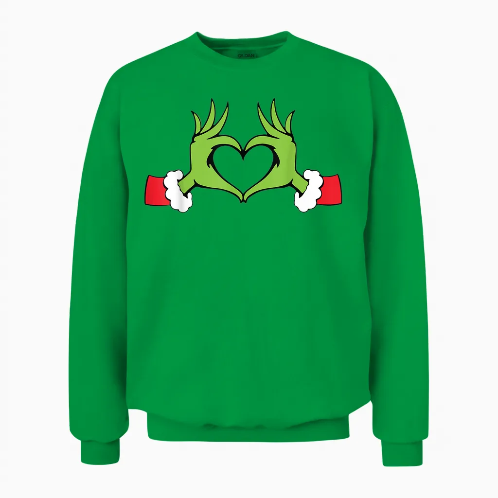 Funny Elf with Cute Heart Hands Style Christmas Costumes Unisex Sweatshirt in Irish Green