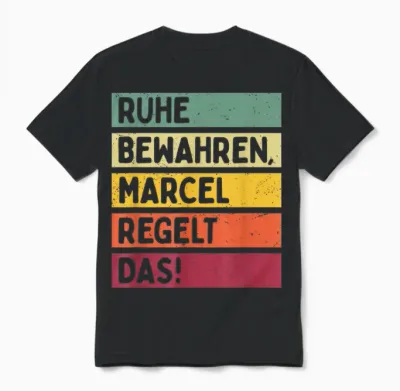 T-Shirt with German Text "ruhe Bewahren Marcel Regelt Das Spruch in Retro Farben [, Black Unisex T-Shirt - Black