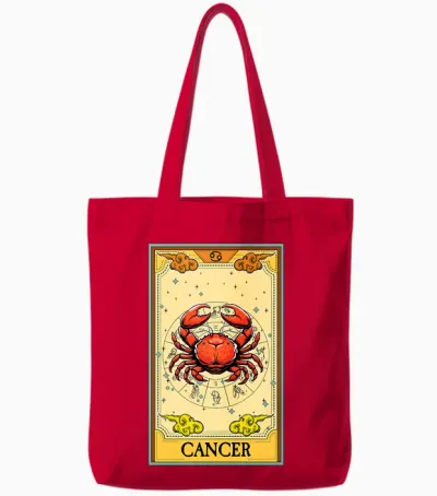Carte De Tarot Horoscope Du Cancer Avec Symbole Du Zodiaque T-Shirt Haut De Gamme Tote Bags - Red
