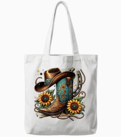 Sunflower Rope Western Cowboy Boots T-Shirt, Black, S Tote Bags - White