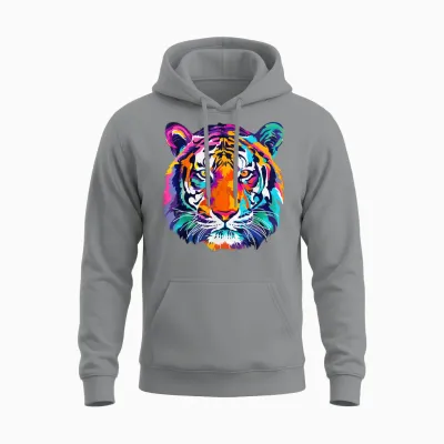 Tigerco. Colorful Tiger Graphic Unisex T-Shirt, Black, Small, Short Sleeve, Classic Fit Unisex Hoodie - Sport Grey