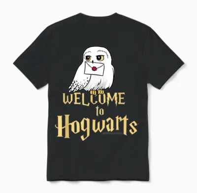 Harry Potter Hedwig Welcome to Hogwarts T-Shirt, Black Unisex T-Shirt - Black
