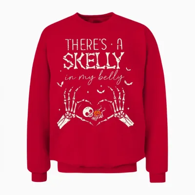 There's a Skelly in My Belly Funny Halloween Pregnancy Women Unisex Sweatshirt - Red