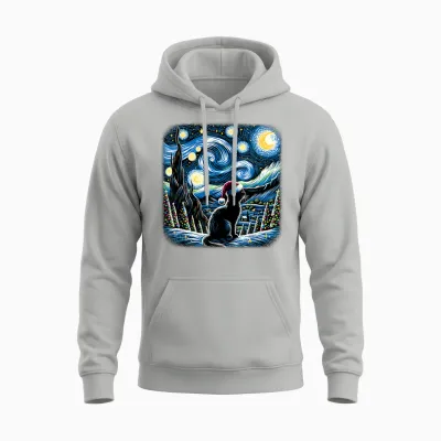 Van Gogh Starry Night Festive Christmas Black Cat Santa Unisex Hoodie - Ash