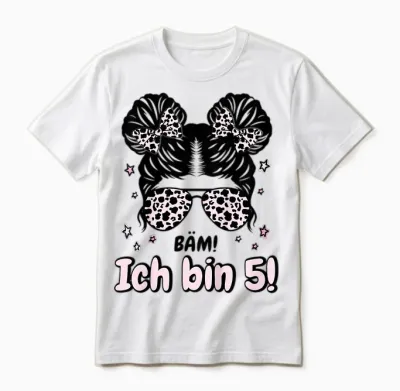 Kids 5th Birthday Girl Messy Bun Bäm! Ich Bin Fünf T-Shirt, Black, S Unisex T-Shirt - White