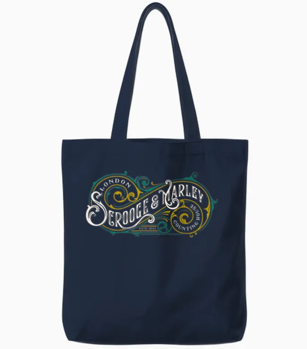 Scrooge and Marley Counting House Christmas Carol Vintage Tote Bags in Navy