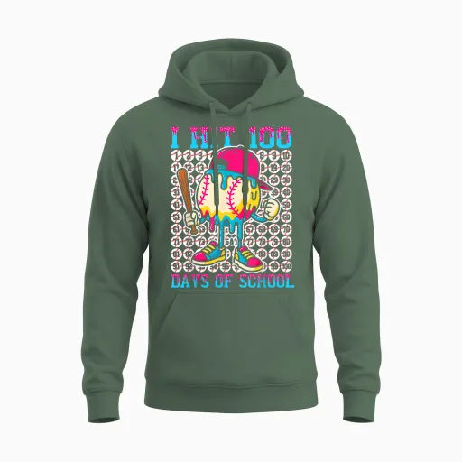 Baseball Ice Cream Drip 100 Days of School Boys Girls 100th Unisex Hoodie - Military Green