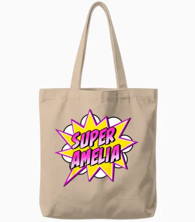 Kids Girls Amelia Name Cartoon Superhero Tote Bags - Natural