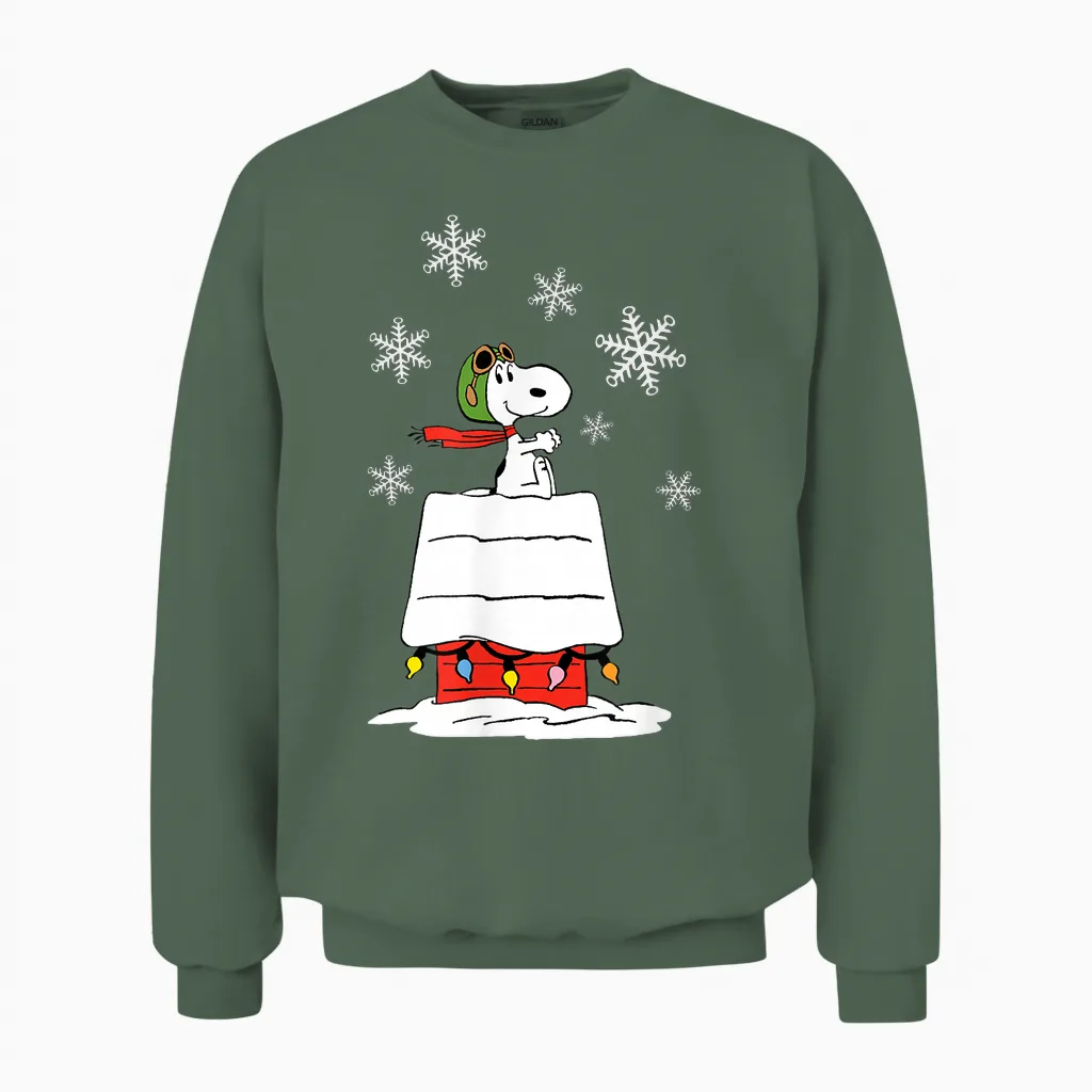 Peanuts Snoopy Flying Ace Holiday Dog House Unisex Sweatshirt in Military Green