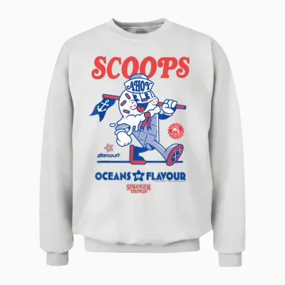 Stranger Things Scoops Ahoy Ice Cream Shop in Red/blue T-Shirt, White Unisex Sweatshirt - White