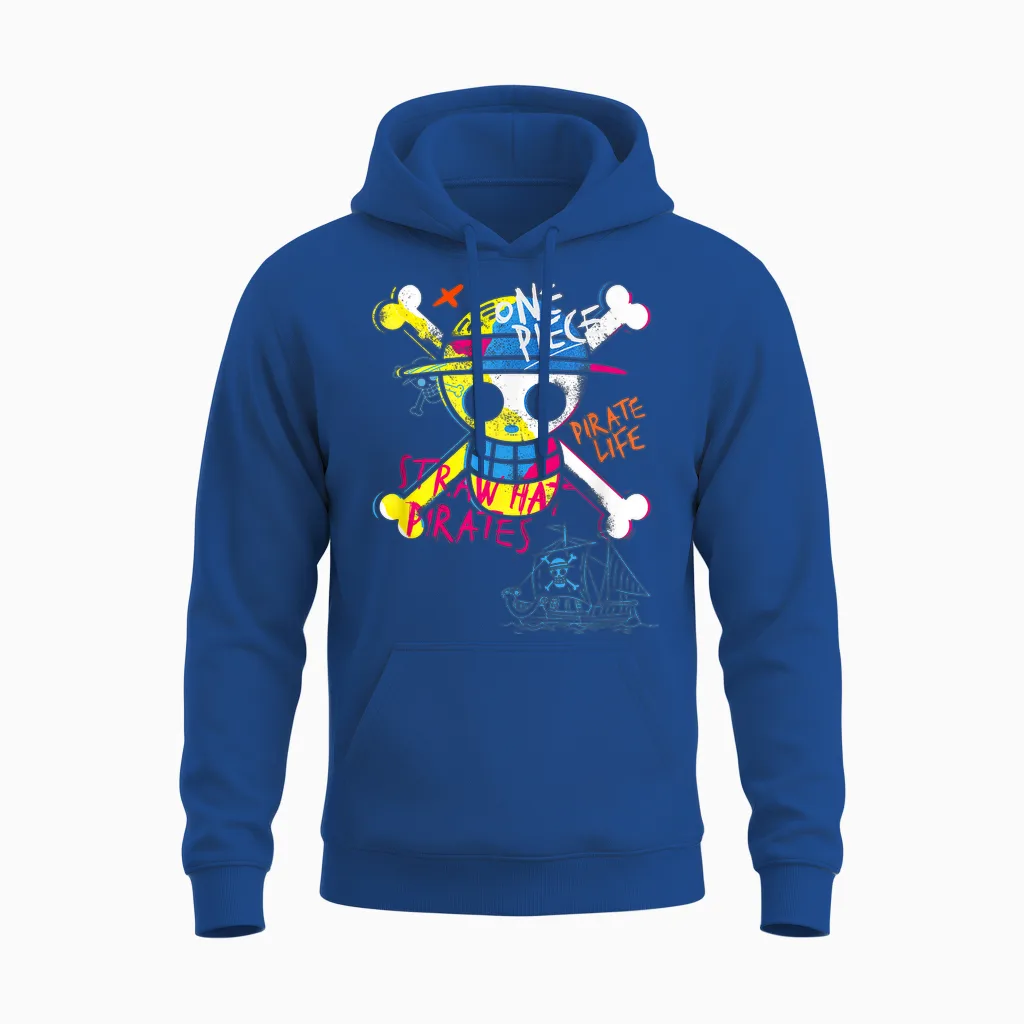 Kids One Piece Jolly Roger Graffiti T-Shirt, Black, 2 Unisex Hoodie in Royal