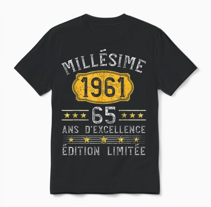 Vintage 1961 Gift 65 Years Man Birthday Humour Unisex T-Shirt in Black