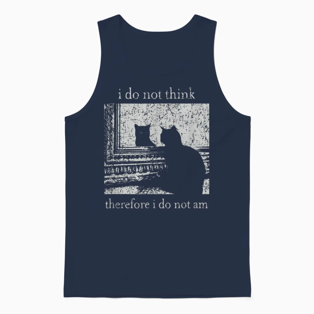 Retro I Do Not Think Therefore I Do Not Am Cat Unisex Tank Top in Navy