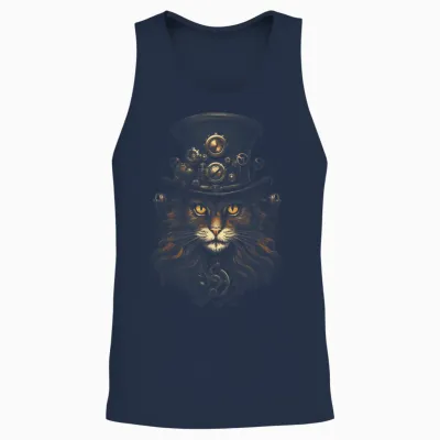 Steampunk Cat T-Shirt, Black Unisex Tank Top - Navy