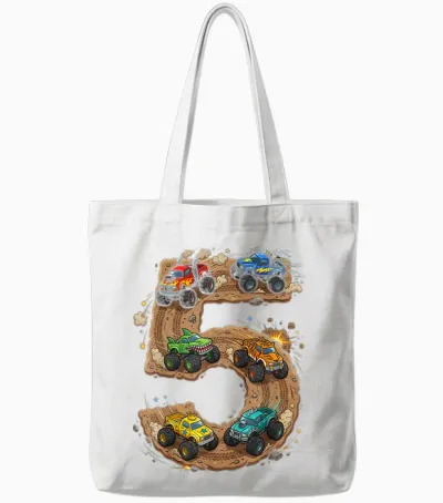 5 Year Old Monster Truck Boy Toddler 5th Birthday Party Tote Bags - White