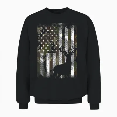 Camo Us Flag Deer Elk Buck Camoflage Hunting Hunter Dad Gift Short Sleeve Unisex Sweatshirt - Black